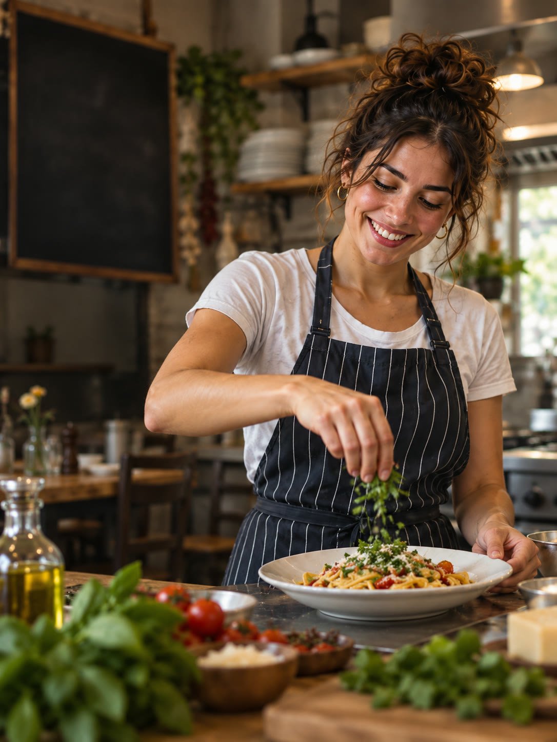 Ragazza con grembiule in una cucina di trattoria guarnisce un piatto di pasta