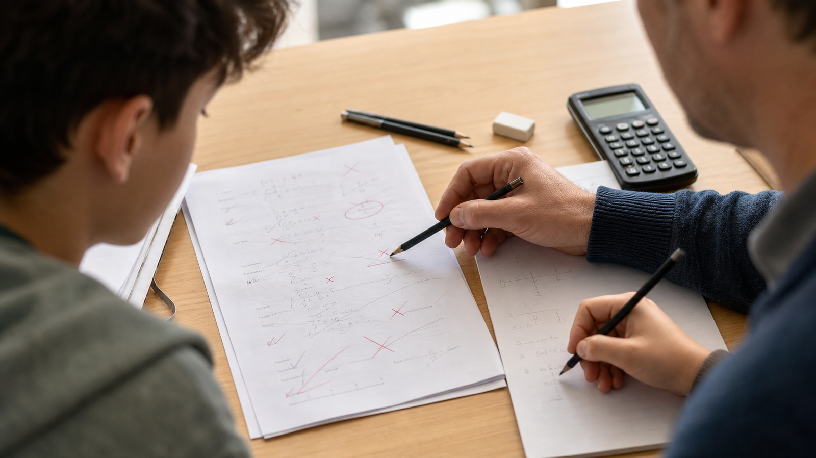 Insegnante che analizza con lo studente una verifica durante la prima lezione di ripetizioni