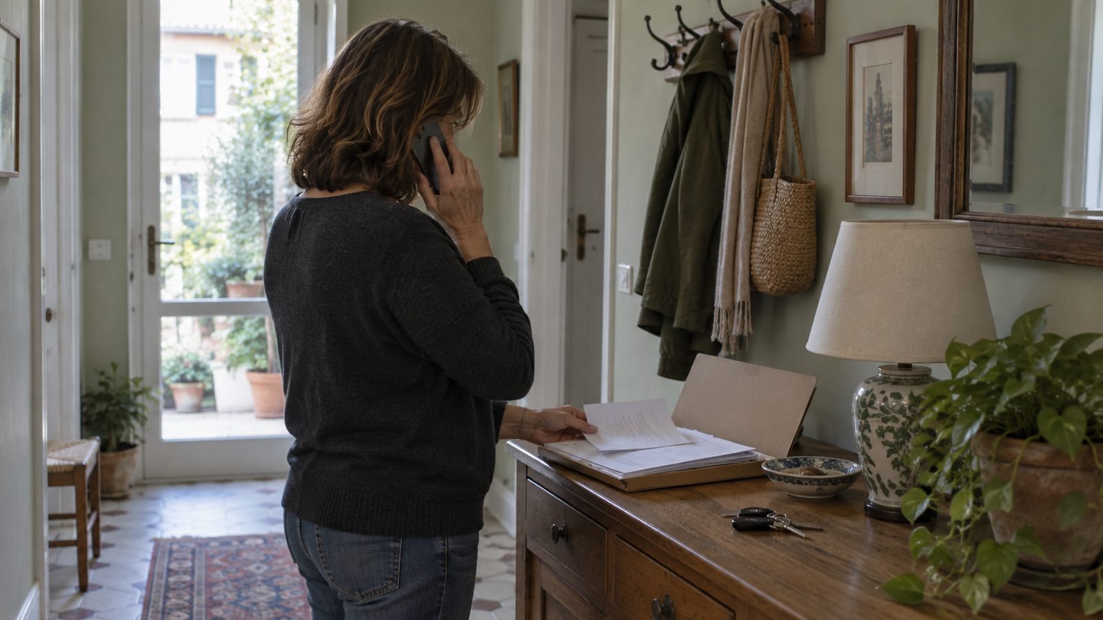 Una donna di mezza età parla al telefono nell'ingresso di casa, con la mano su una cartellina di documenti aperta sul mobile e la luce che entra dalla porta a vetri