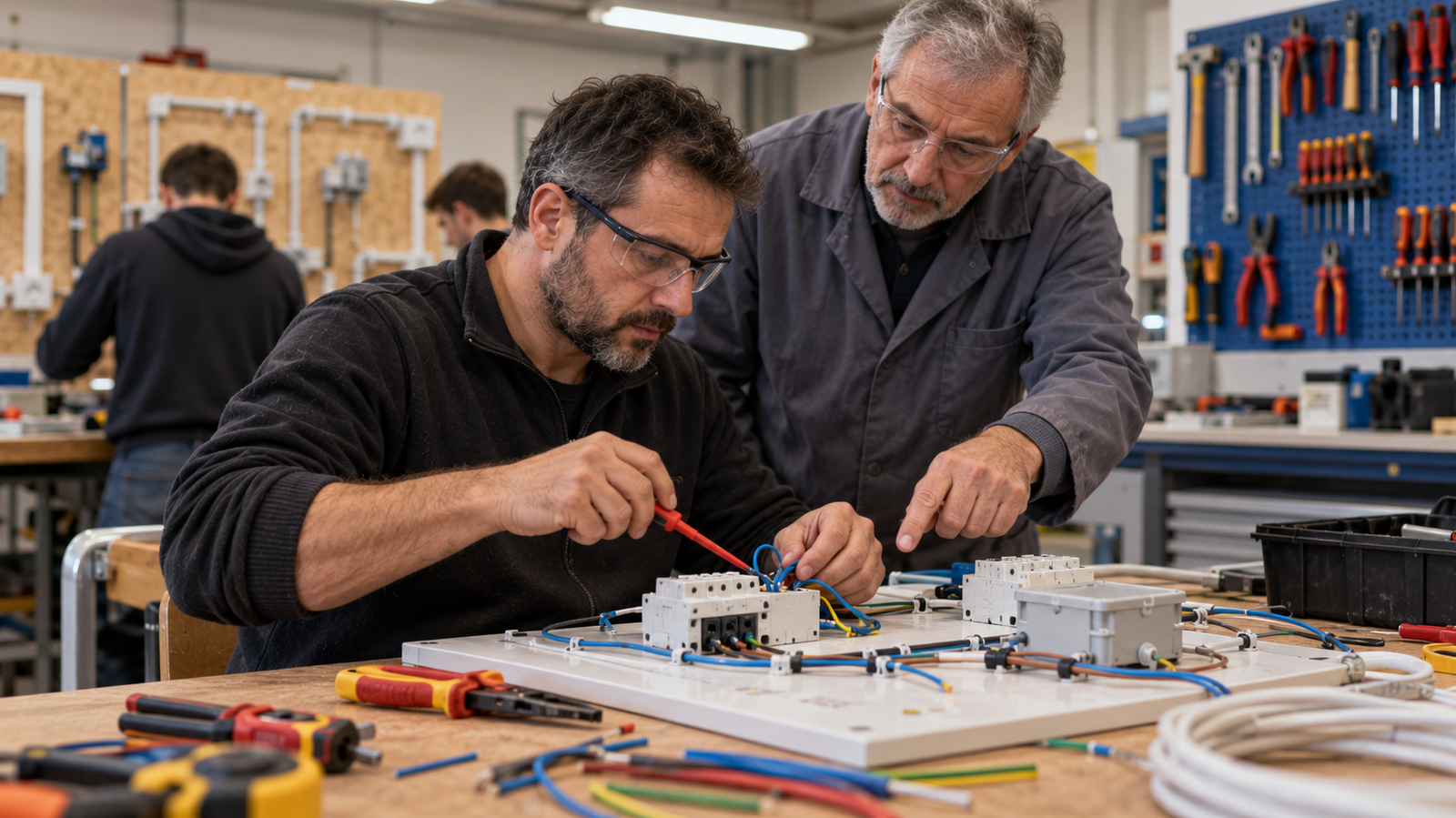 Adulto in formazione professionale che impara il mestiere di elettricista in officina