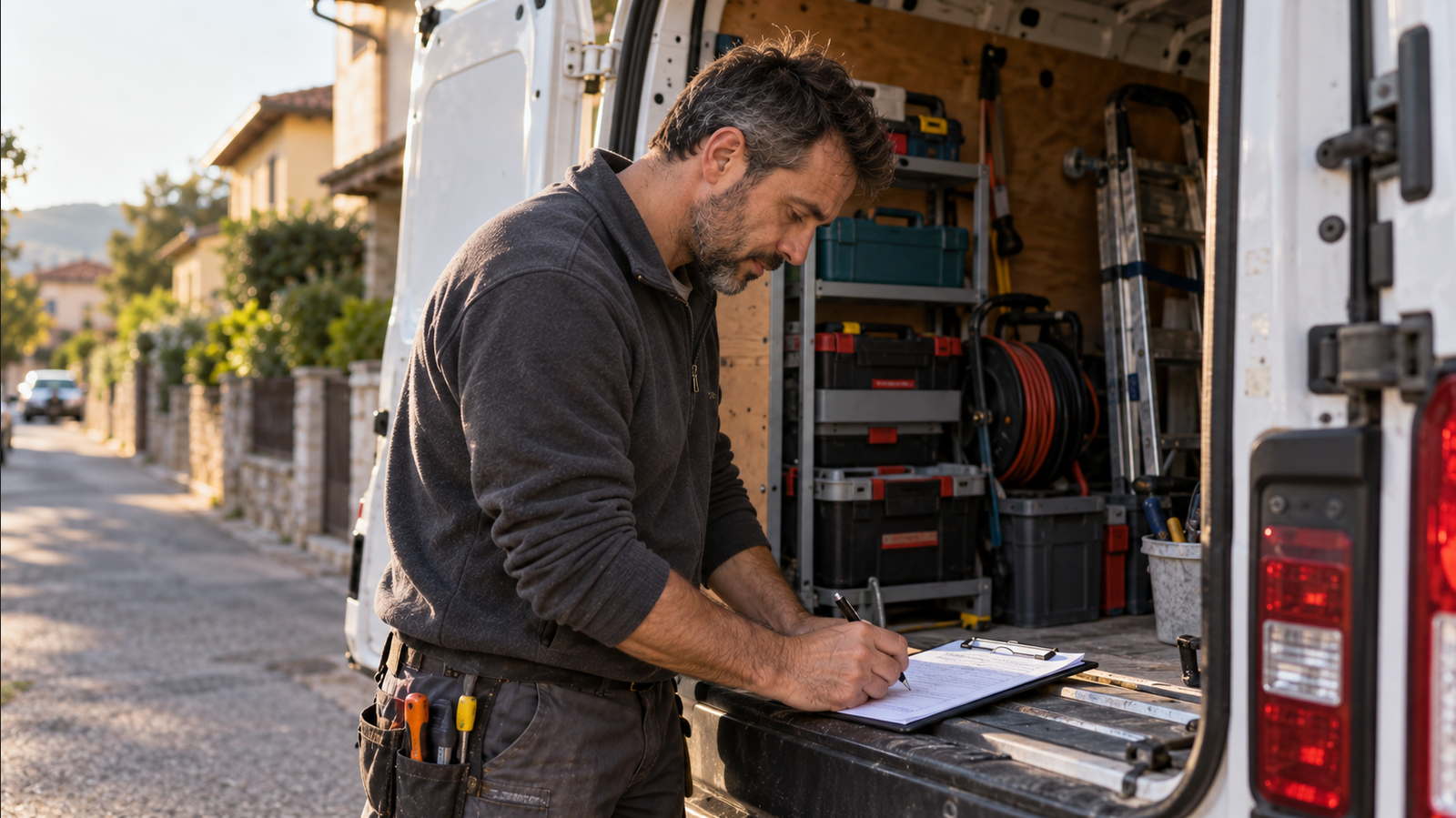 Elettricista che prepara un preventivo appoggiato al proprio furgone da lavoro