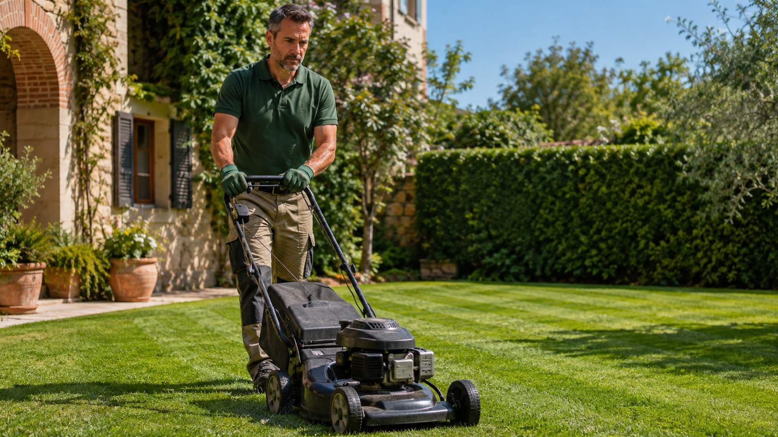 Giardiniere che taglia il prato di un giardino privato con il tagliaerba