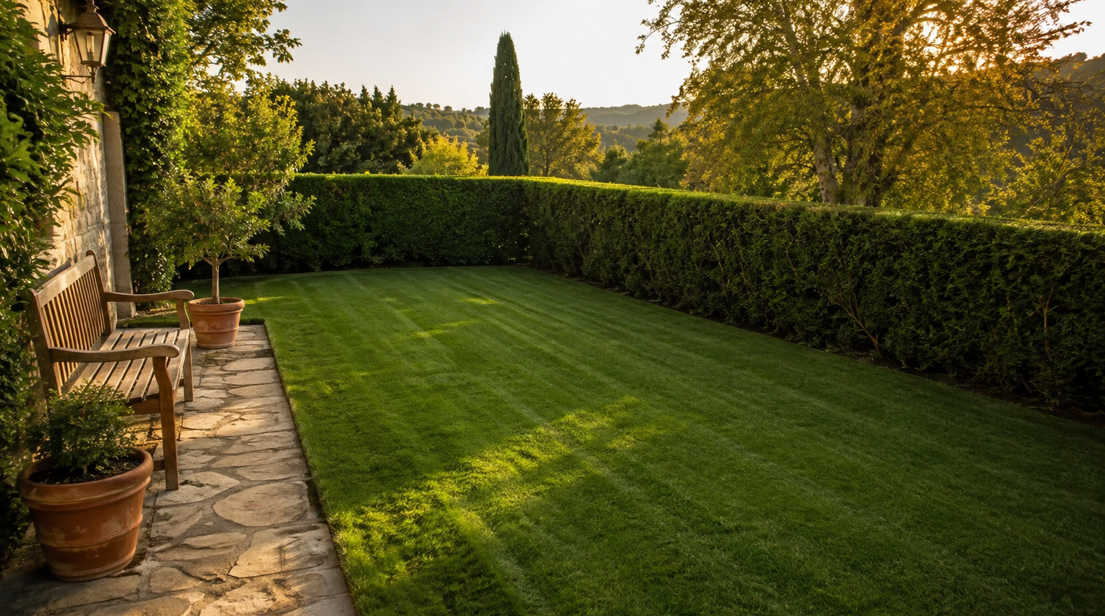 Giardino privato con prato appena tagliato e bordi rifiniti dopo l'intervento