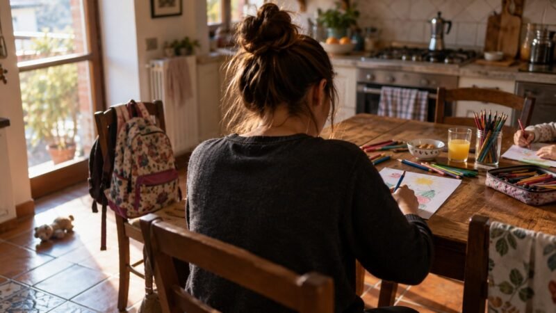 Lavorare come babysitter: una giovane donna vista di spalle disegna con le matite colorate al tavolo di una cucina italiana, con la mano di un bambino sul bordo, uno zaino sulla sedia e la luce del pomeriggio