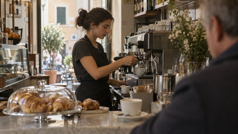 Studentessa che lavora dietro il bancone di un bar durante il fine settimana