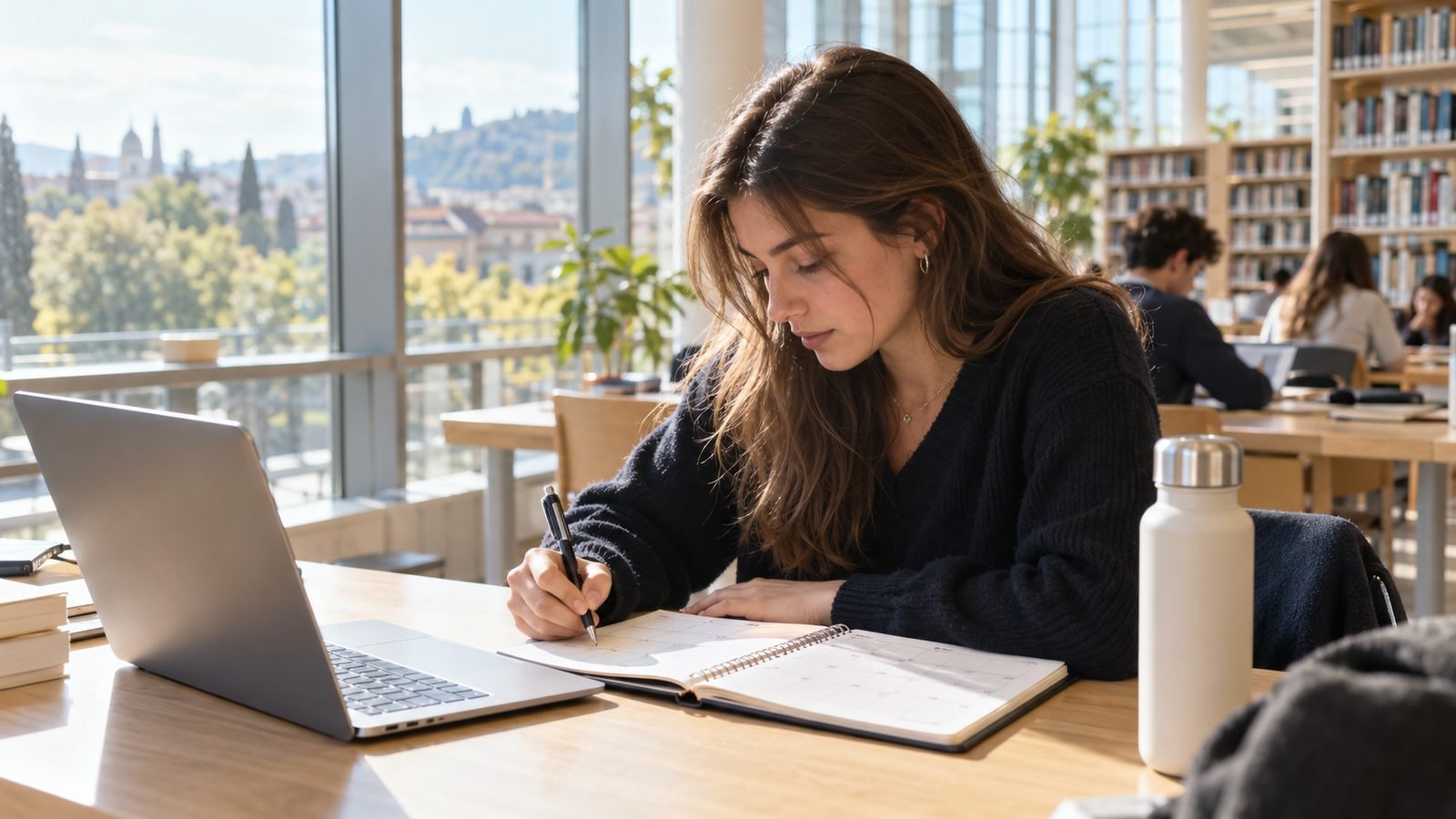 Studentessa in biblioteca universitaria segna sull’agenda gli orari delle lezioni e dei turni di lavoro