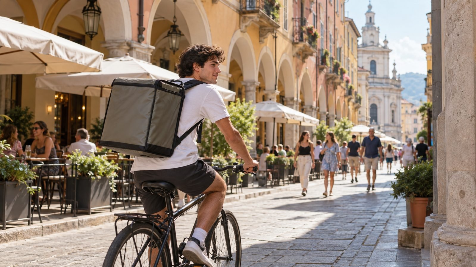 Studente con lo zaino consegna una borsa della spesa in bicicletta in una via del centro