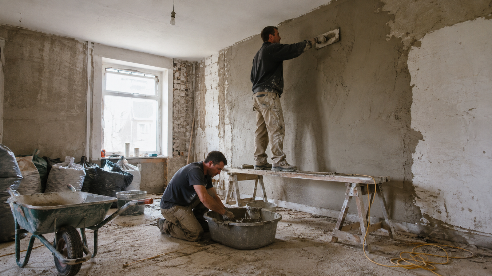 Due muratori al lavoro nel piccolo cantiere di una ristrutturazione domestica