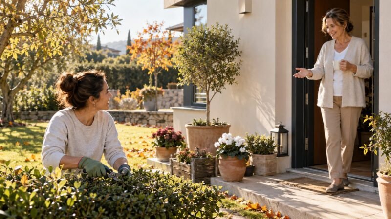 NASpI e lavoro occasionale: donna sulla quarantina sorridente sistema le piante del giardino di una villetta mentre la proprietaria la ringrazia dalla porta