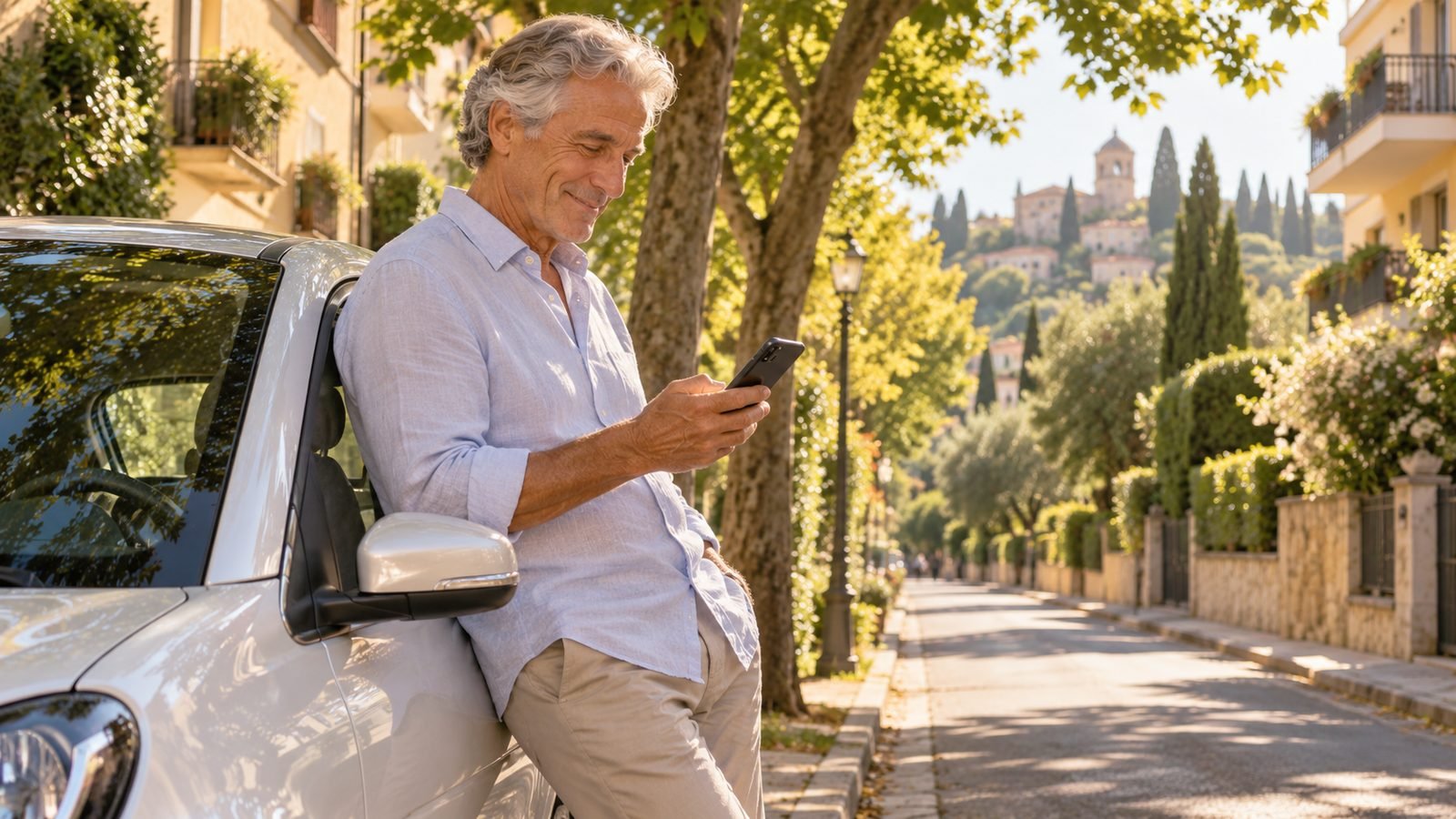 Pensionato che controlla lo smartphone appoggiato alla sua auto parcheggiata, in una via residenziale