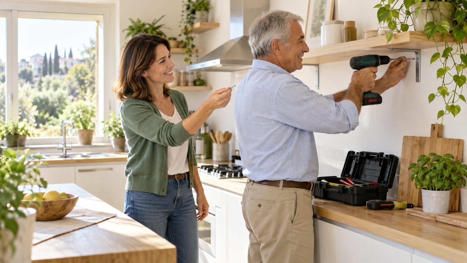 Pensionato con la cassetta degli attrezzi monta una mensola in una cucina moderna mentre la padrona di casa gli passa una vite
