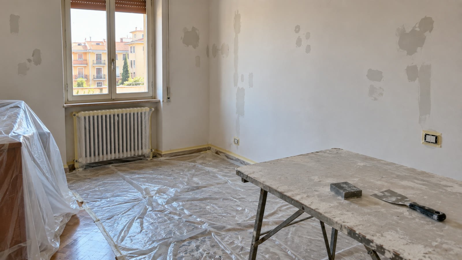 Pareti di una camera stuccate e carteggiate prima della tinteggiatura, con teli di protezione sul pavimento