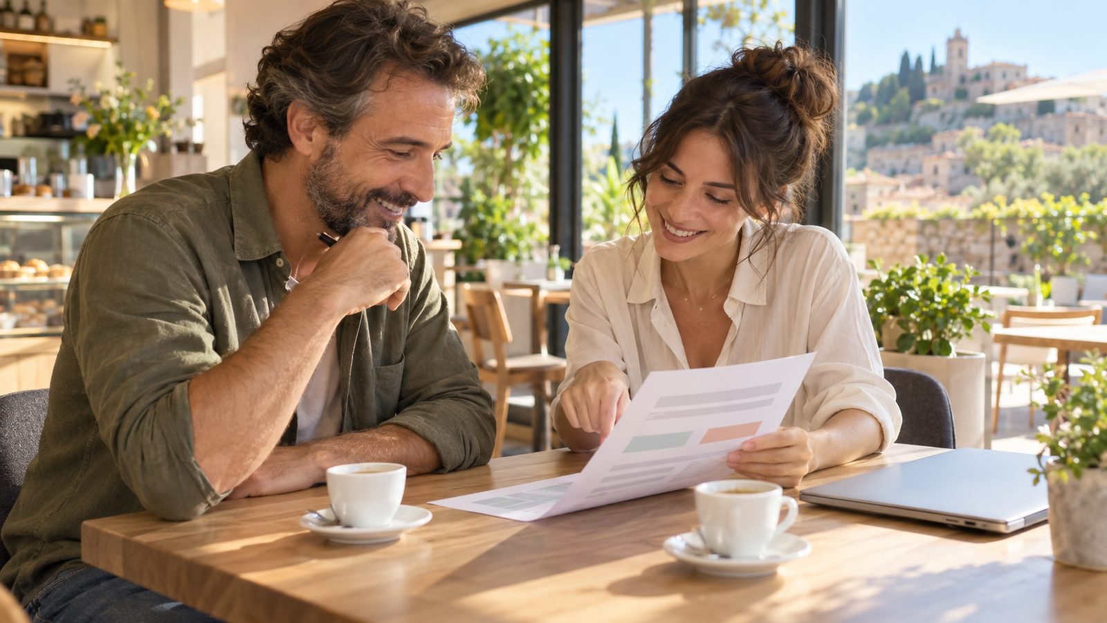 Titolare e freelance guardano il preventivo del sito web davanti a due caffè
