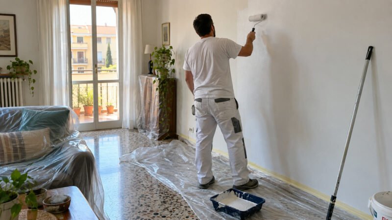 Imbianchino che stende la pittura con il rullo sulla parete di un soggiorno, quanto costa imbiancare casa