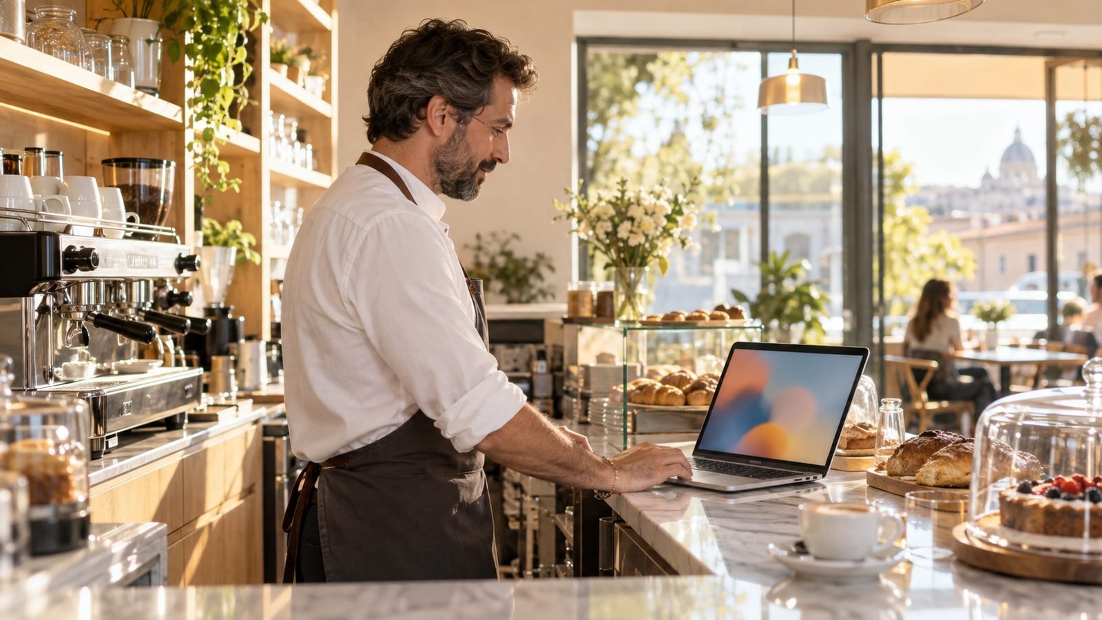 Quanto costa un sito web: titolare di un bar al bancone guarda il laptop per il sito della sua attività