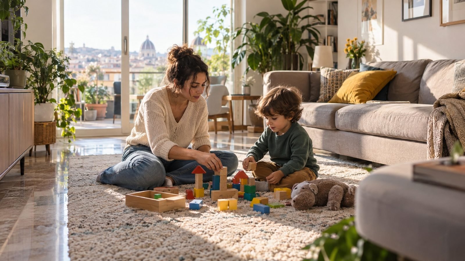 Quanto costa una babysitter: babysitter che gioca con le costruzioni con un bambino sul tappeto di un soggiorno luminoso