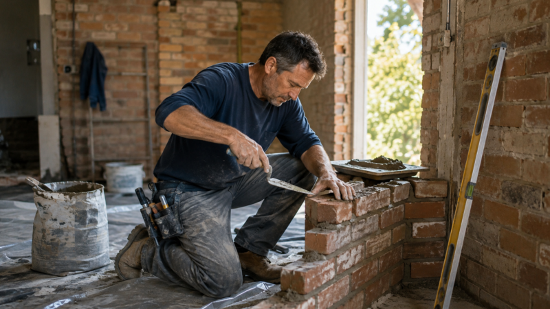 Muratore che tira su un muro in mattoni nel cantiere di una ristrutturazione