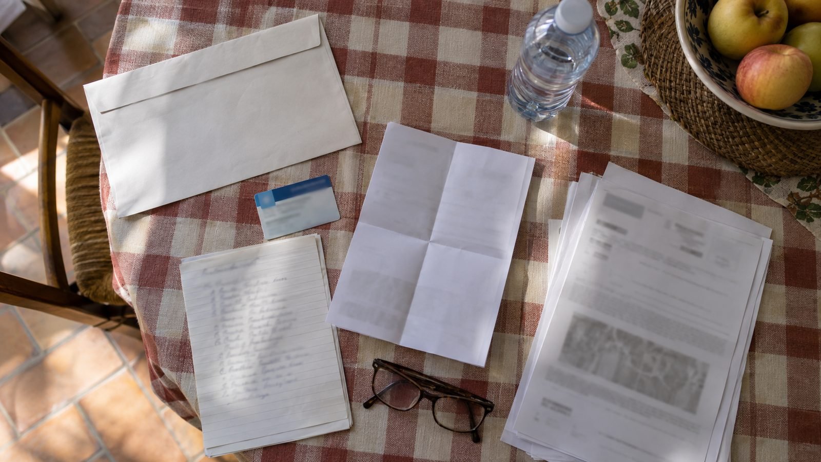 Sul tavolo della cucina una busta con impegnativa, tessera sanitaria, lista dei farmaci e referti pronti per la visita