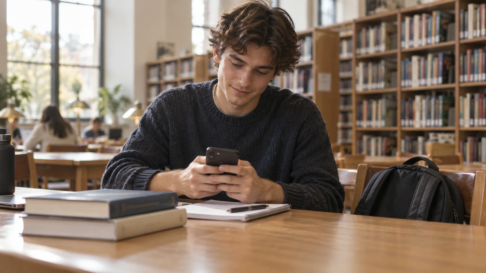 Studente che scrive un annuncio dal proprio smartphone seduto in biblioteca