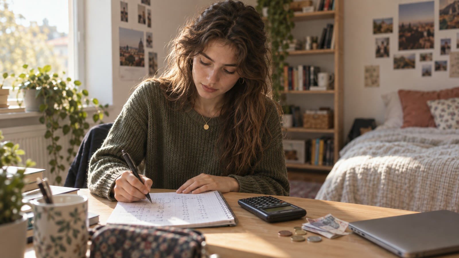 Studente che fa i conti dei propri guadagni su un quaderno alla scrivania