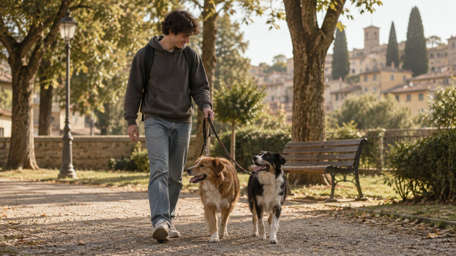 Studente che porta a spasso due cani in un parco nel pomeriggio