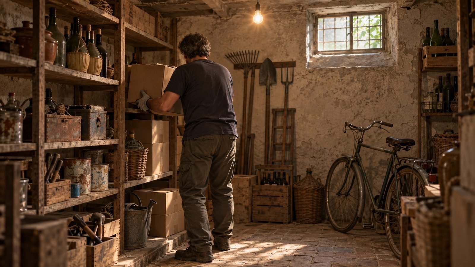 Uomo con guanti da lavoro, visto di spalle, che prende uno scatolone da uno scaffale in una cantina piena di fiaschi, barattoli, attrezzi da giardino e una vecchia bicicletta