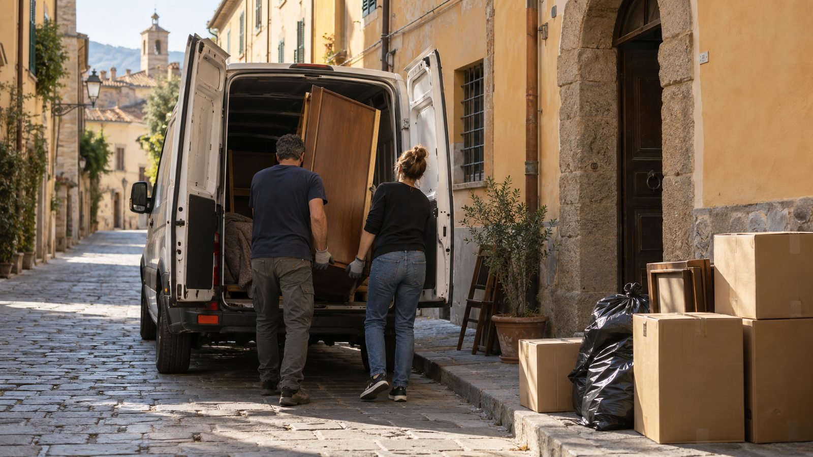 Un uomo e una donna visti di spalle caricano un pannello di armadio smontato nel retro di un furgone bianco in una via di paese, con scatoloni e sacchi neri sul marciapiede