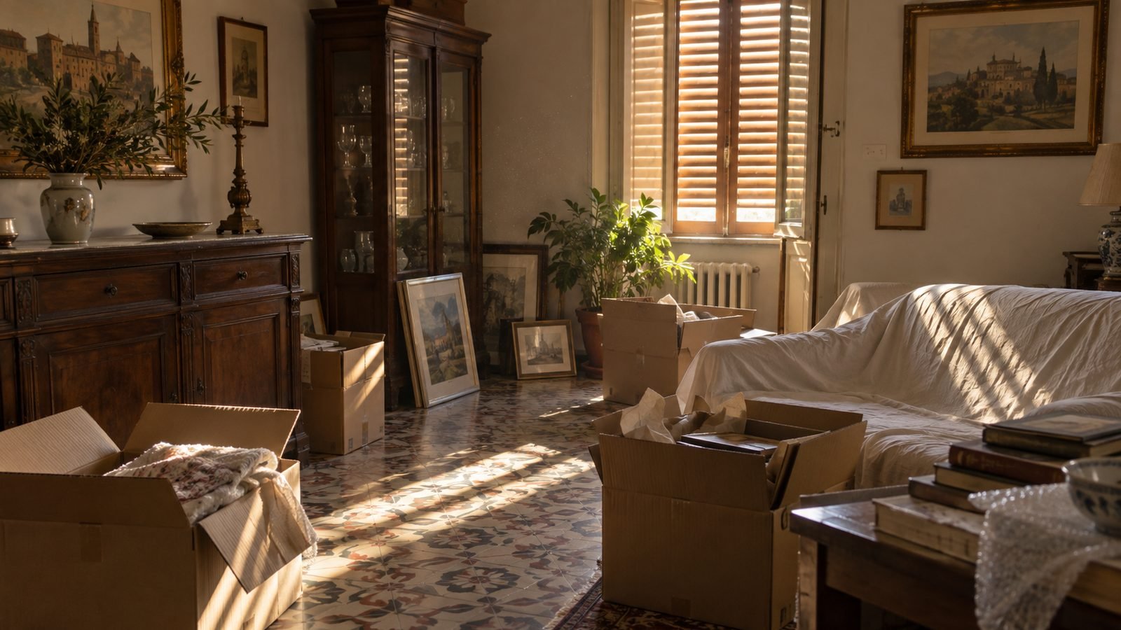 Svuotare casa: il soggiorno di un vecchio appartamento con scatoloni aperti sul pavimento a piastrelle, quadri appoggiati al muro, un divano coperto da un lenzuolo bianco e la luce del pomeriggio dalle persiane