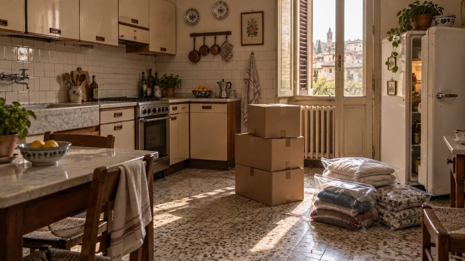 Cucina di un vecchio appartamento con tre gruppi separati sul pavimento: una pila di scatoloni chiusi, sacchi trasparenti con vestiti e biancheria piegati e un vecchio frigorifero bianco con l'anta aperta accanto alla finestra