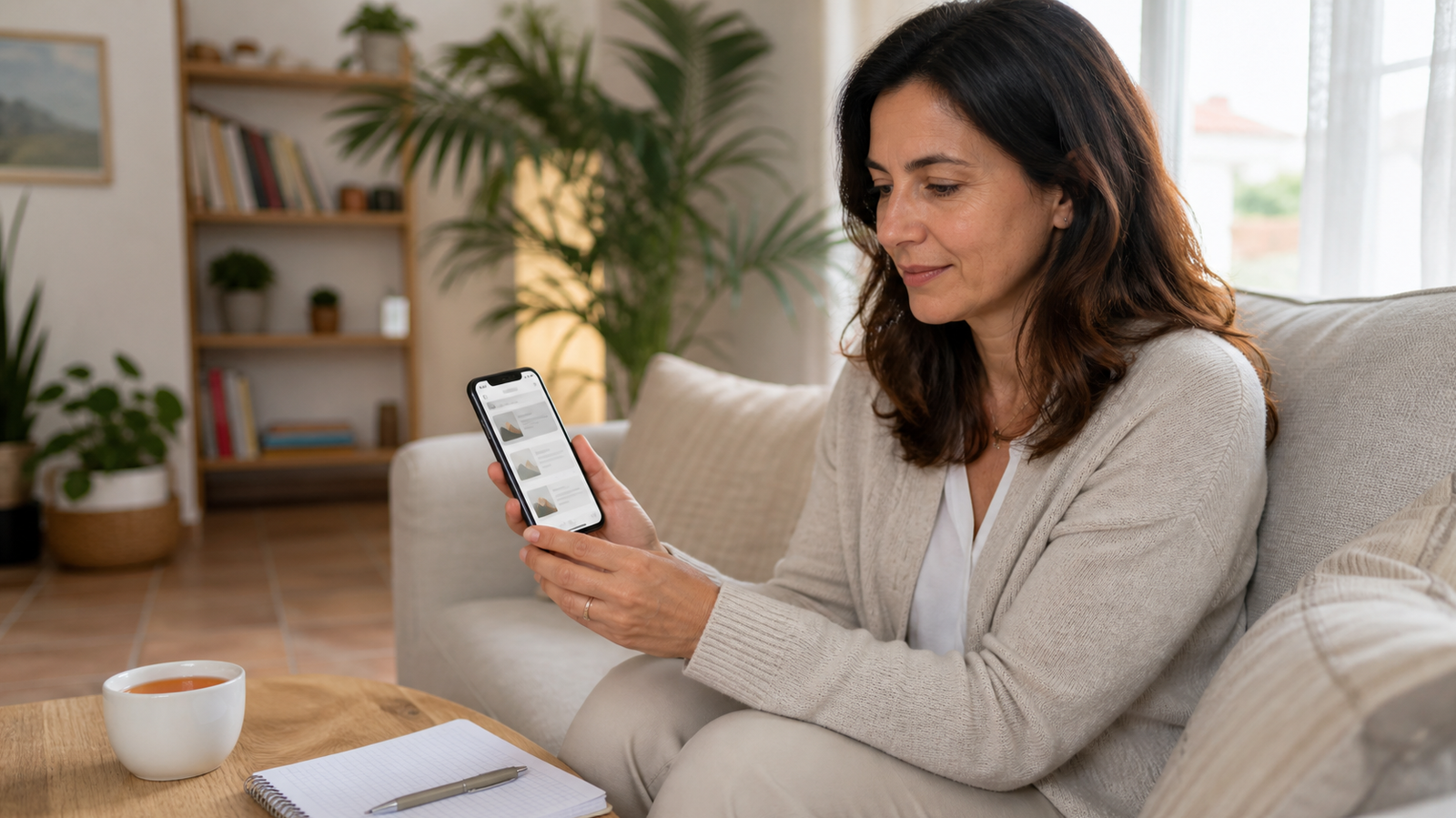 Genitore che cerca sullo smartphone un insegnante di ripetizioni disponibile vicino a casa