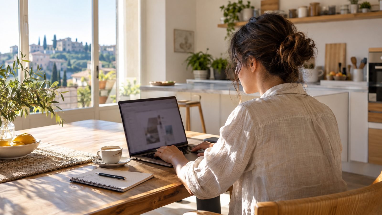 Donna al tavolo di casa che pubblica dal portatile il proprio annuncio su siti per lavori occasionali
